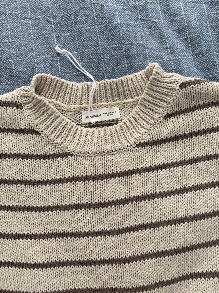 Bej Çizgili Örgü Kadın Kazak - Görsel 2