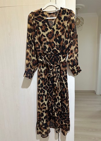 mango Kahverengi Leopar Desenli Uzun Elbise