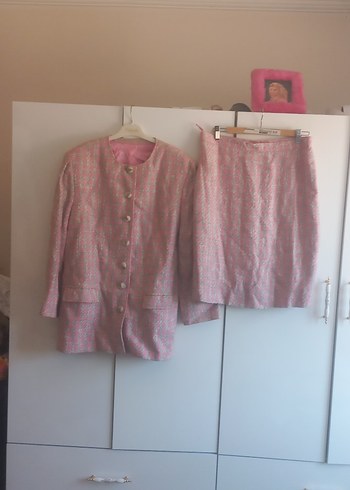 Pembe Vintage Kadın Uzun Ceket ve Etek Takımı - Görsel 2