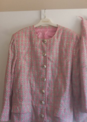 Pembe Vintage Kadın Uzun Ceket ve Etek Takımı - Görsel 4