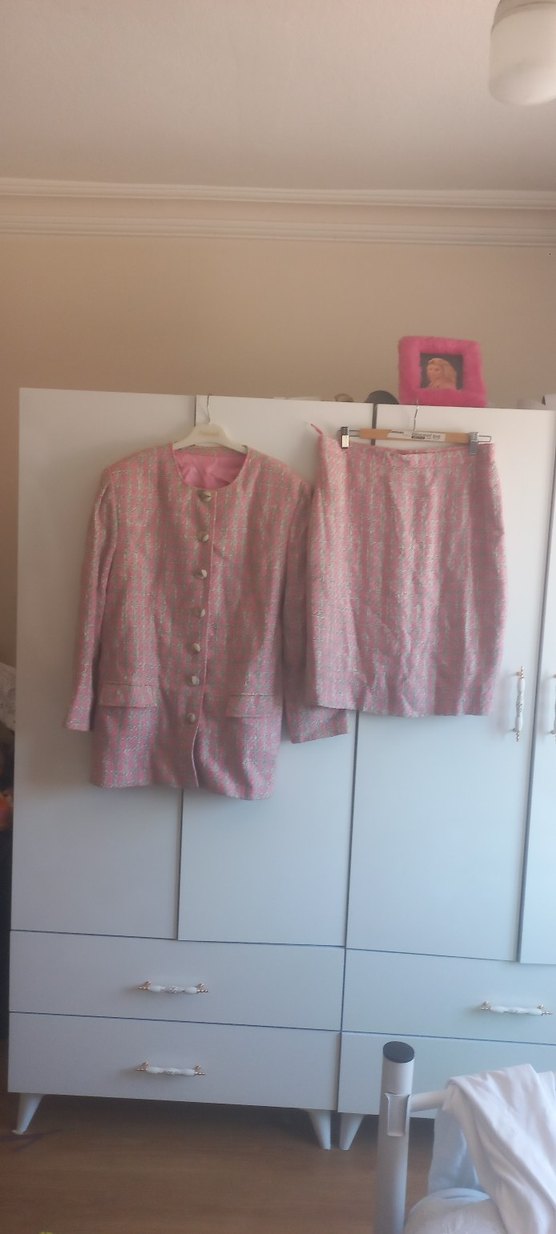 Pembe Vintage Kadın Uzun Ceket ve Etek Takımı - Görsel 2