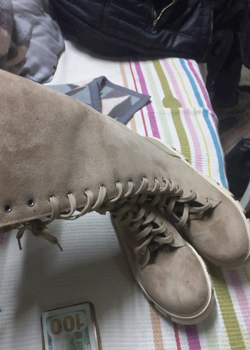 Bej Süet Bağcıklı Kadın Çizme - Görsel 2