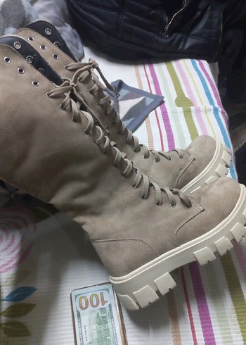 Bej Süet Bağcıklı Kadın Çizme - Görsel 4