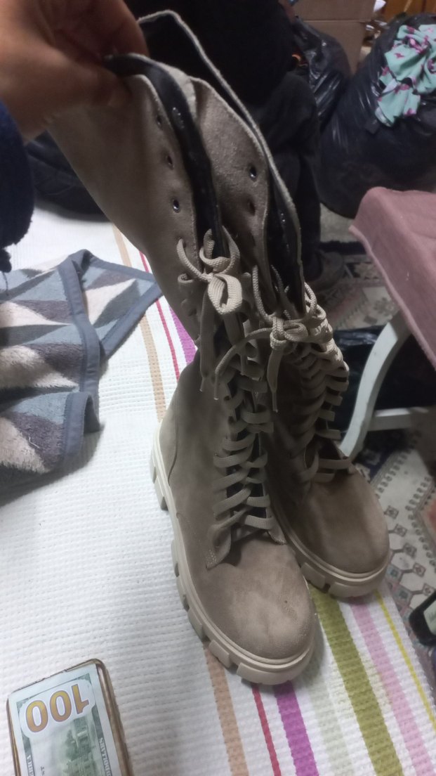 Bej Süet Bağcıklı Kadın Çizme - Görsel 3