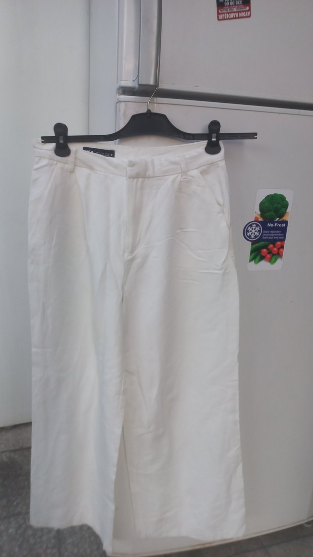 Beyaz Kadın Keten Midi Rahat Pantolon - Görsel 3