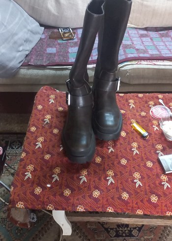 Kahverengi Deri Tokalı Dizüstü Biker Çizme - Görsel 3