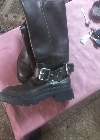 Kahverengi Deri Tokalı Dizüstü Biker Çizme - Görsel 13