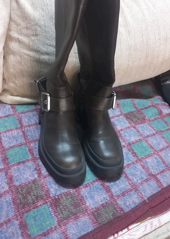 Kahverengi Deri Tokalı Dizüstü Biker Çizme - Görsel 7