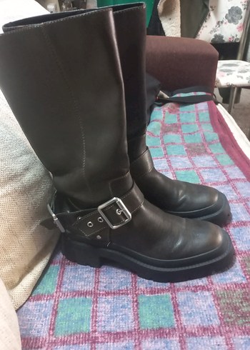 Kahverengi Deri Tokalı Dizüstü Biker Çizme - Görsel 4