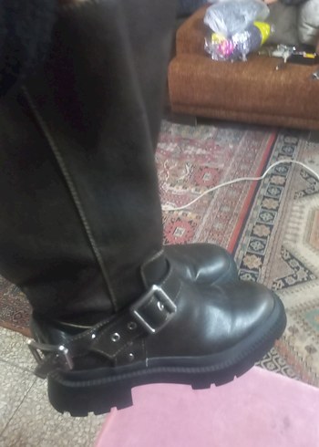 Kahverengi Deri Tokalı Dizüstü Biker Çizme - Görsel 5