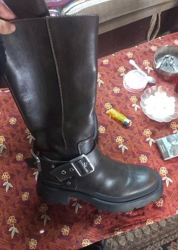 Kahverengi Deri Tokalı Dizüstü Biker Çizme - Görsel 2