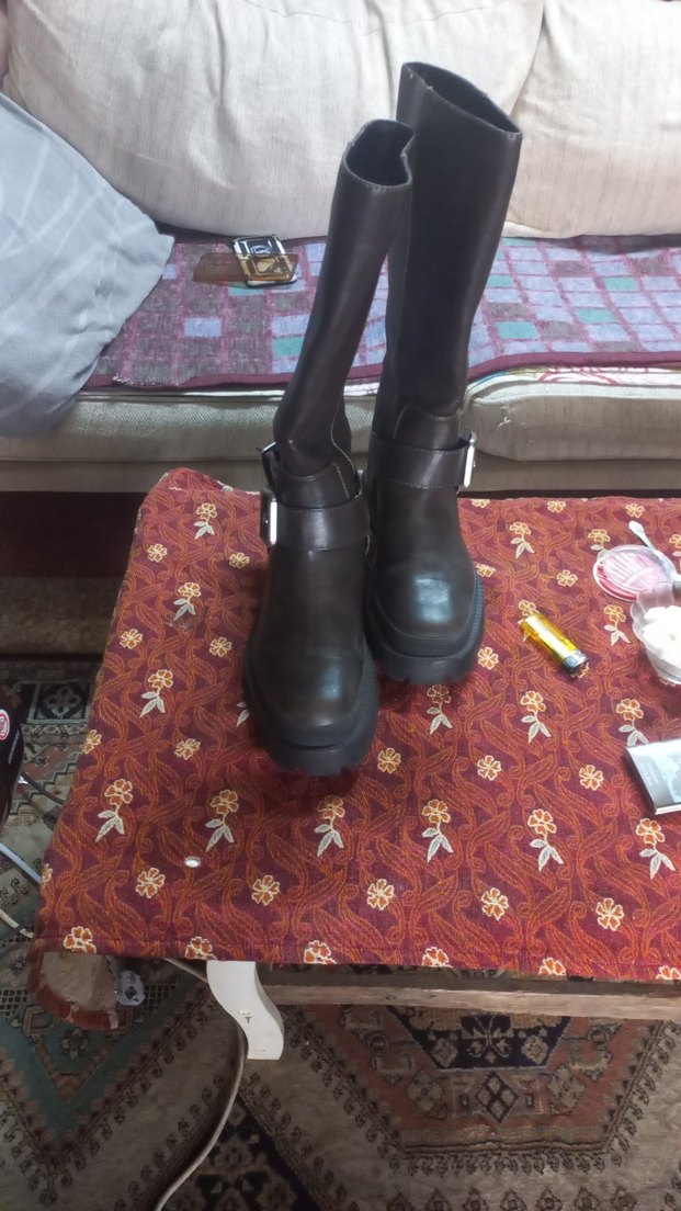 Kahverengi Deri Tokalı Dizüstü Biker Çizme - Görsel 3