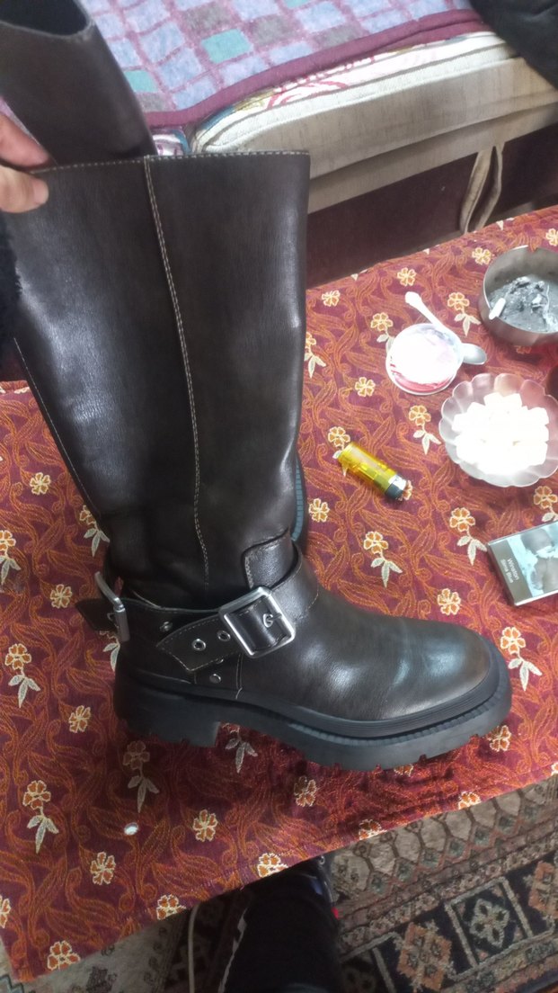 Kahverengi Deri Tokalı Dizüstü Biker Çizme - Görsel 2