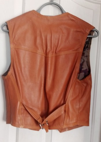 Düğmeli Kahverengi Deri Erkek Biker Yelek - Görsel 2