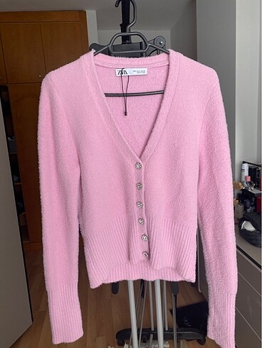 Zara taşlı pembe hırka kazak tiriko