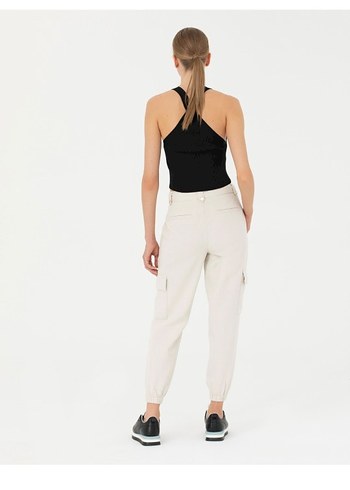 36 Beden Kadın Krem Beyaz Pamuklu Rahat Kesim jogger fit kanvas Pantolon