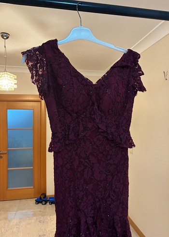 34 Beden Bordo Dantel Detaylı Uzun Abiye Elbise
