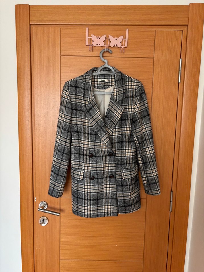 Gri Ekoseli Kadın Blazer Ceket - Görsel 4