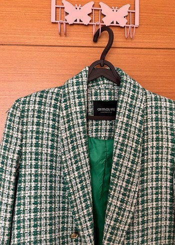 Düğmeli Yeşil Ekose Kadın Blazer Ceket - Görsel 4