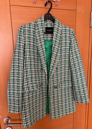 Düğmeli Yeşil Ekose Kadın Blazer Ceket - Görsel 3