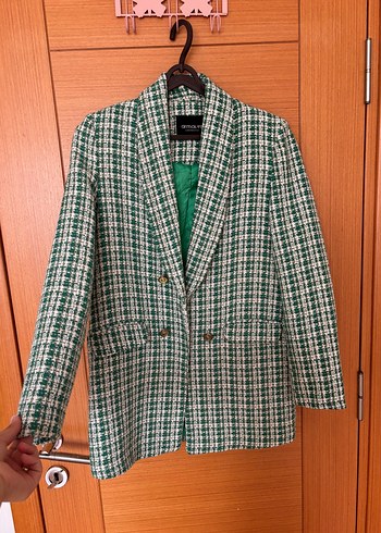 Düğmeli Yeşil Ekose Kadın Blazer Ceket - Görsel 5