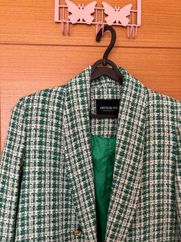 Düğmeli Yeşil Ekose Kadın Blazer Ceket - Görsel 4