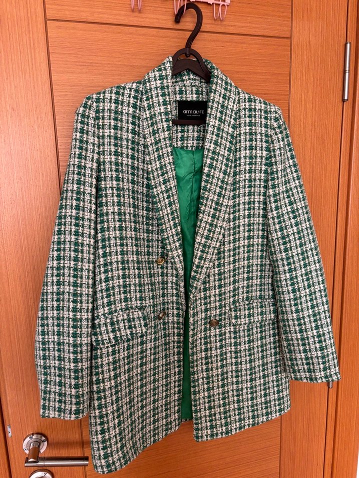 Düğmeli Yeşil Ekose Kadın Blazer Ceket - Görsel 3