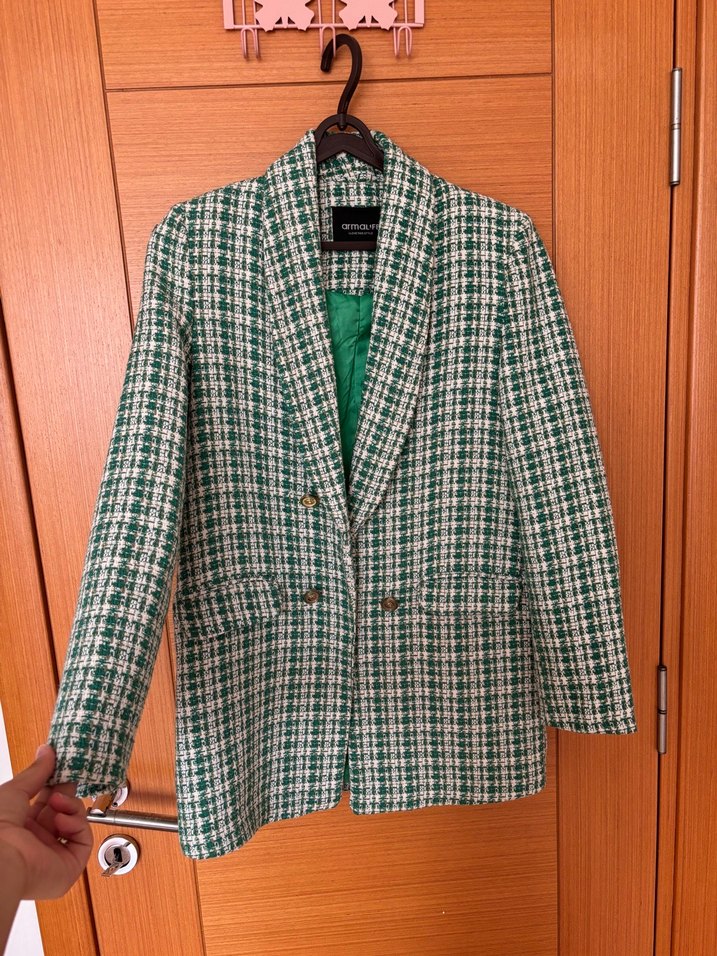 Düğmeli Yeşil Ekose Kadın Blazer Ceket - Görsel 5