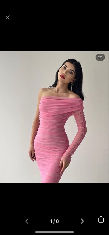 Pembe Drapeli Tek Kol Tül Elbise
