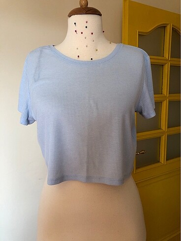 H&m basic crop buz mavisi tshirt