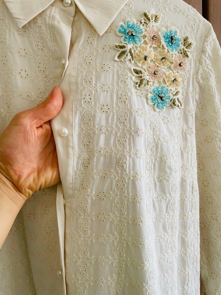 Düğmeli Beyaz Uzun Keten Elbise - Görsel 5