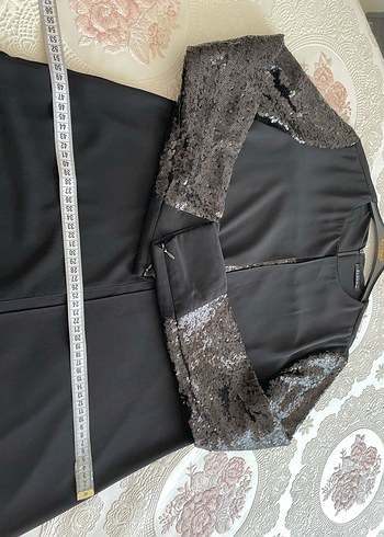 2Yaka Uzun Siyah Kadın Elbise, Payetli Kollu - Görsel 4