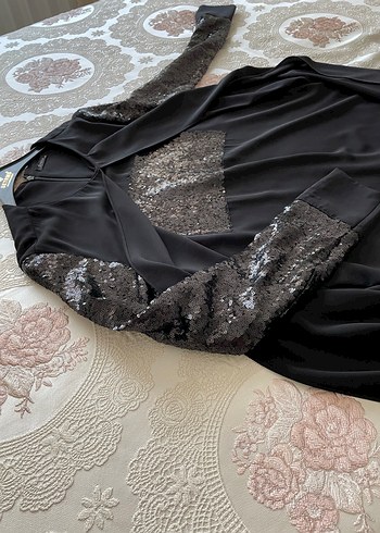 2Yaka Uzun Siyah Kadın Elbise, Payetli Kollu - Görsel 7