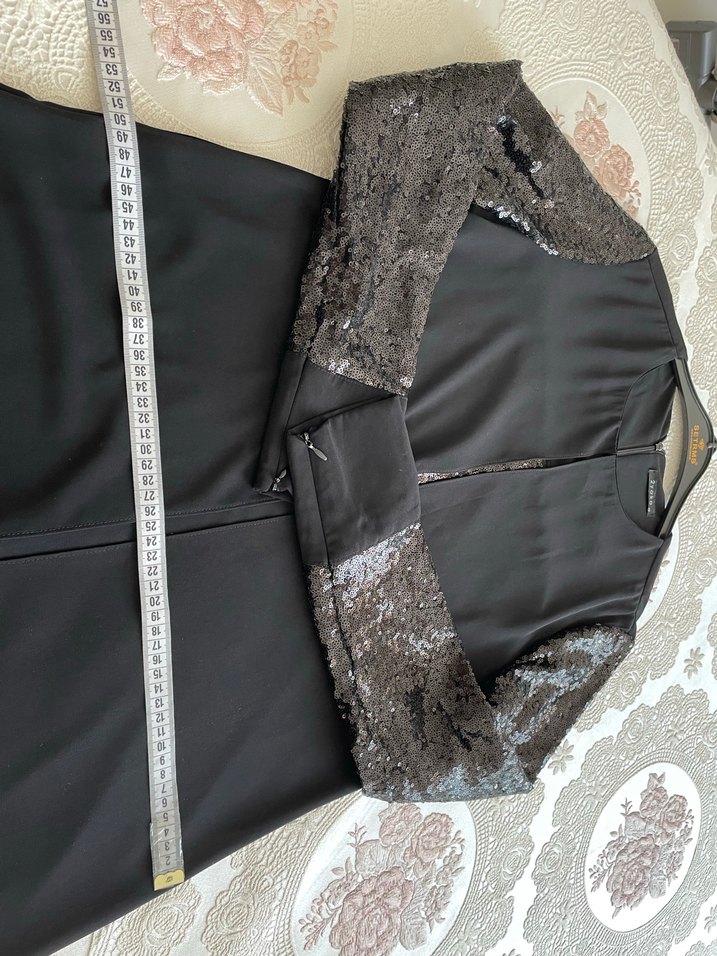 2Yaka Uzun Siyah Kadın Elbise, Payetli Kollu - Görsel 4