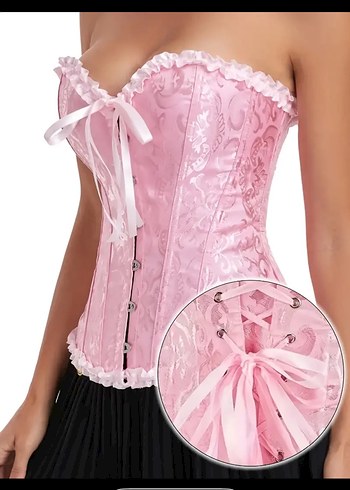 m Beden Pembe Straplez Dantel İşlemeli Bustiyer Victorian gotik korse