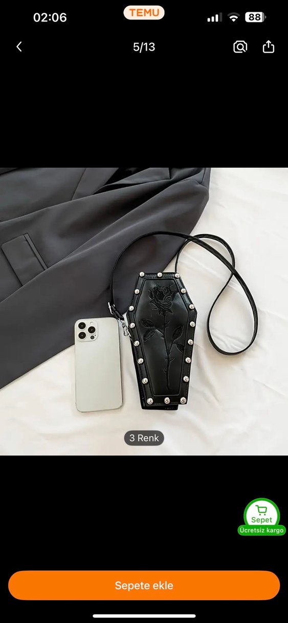 Siyah Nakışlı Deri Gotik Kadın Çanta tabut model çanta - Görsel 3