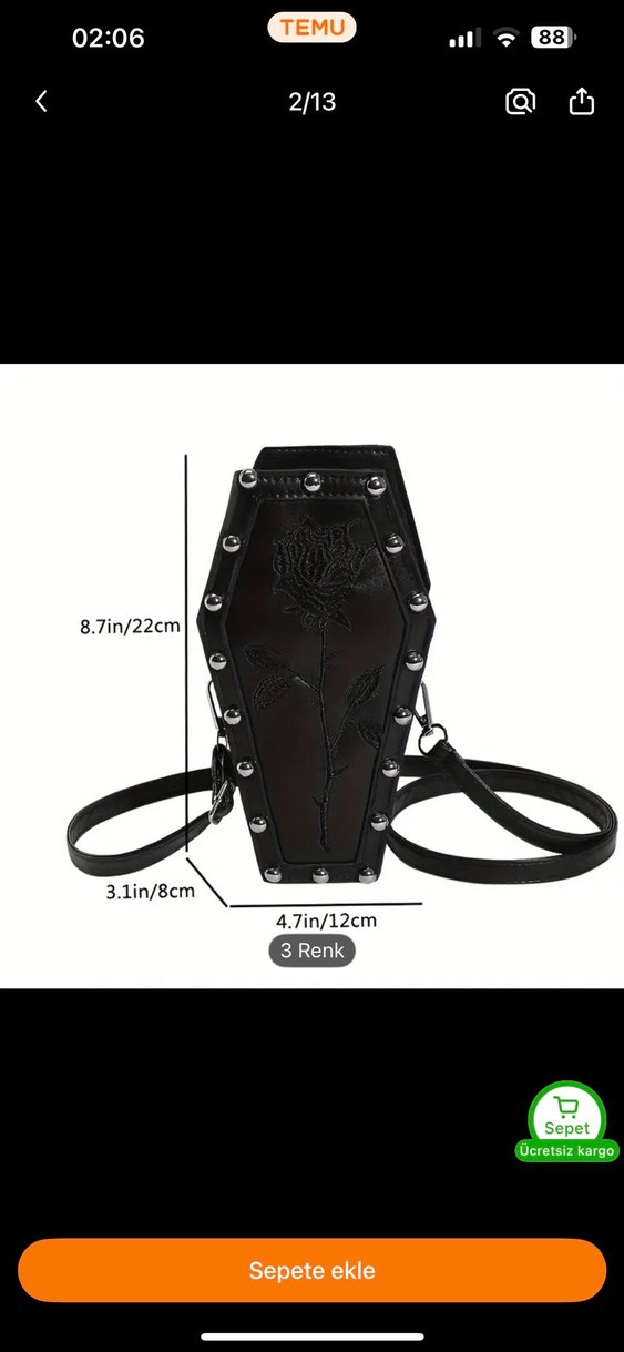 Siyah Nakışlı Deri Gotik Kadın Çanta tabut model çanta - Görsel 2
