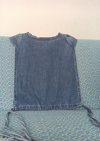 Kız Çocuk V Yaka Kolsuz Mavi Denim Yelek - Görsel 2