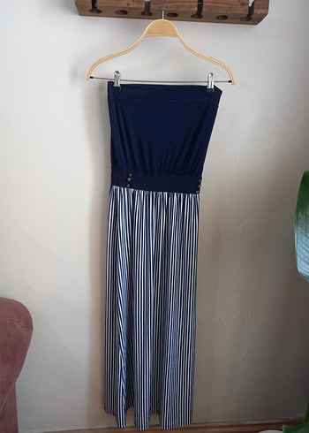 Lacivert Çizgili Pileli Uzun elbise - Görsel 2