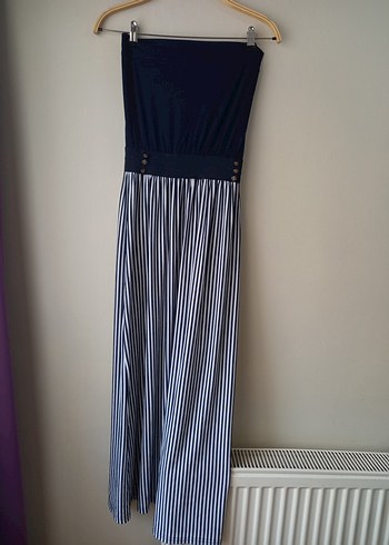 Lacivert Çizgili Pileli Uzun elbise - Görsel 6