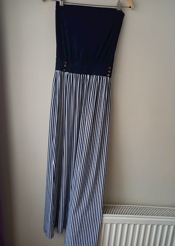 Lacivert Çizgili Pileli Uzun elbise - Görsel 7