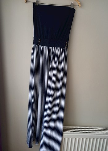 Lacivert Çizgili Pileli Uzun elbise - Görsel 4