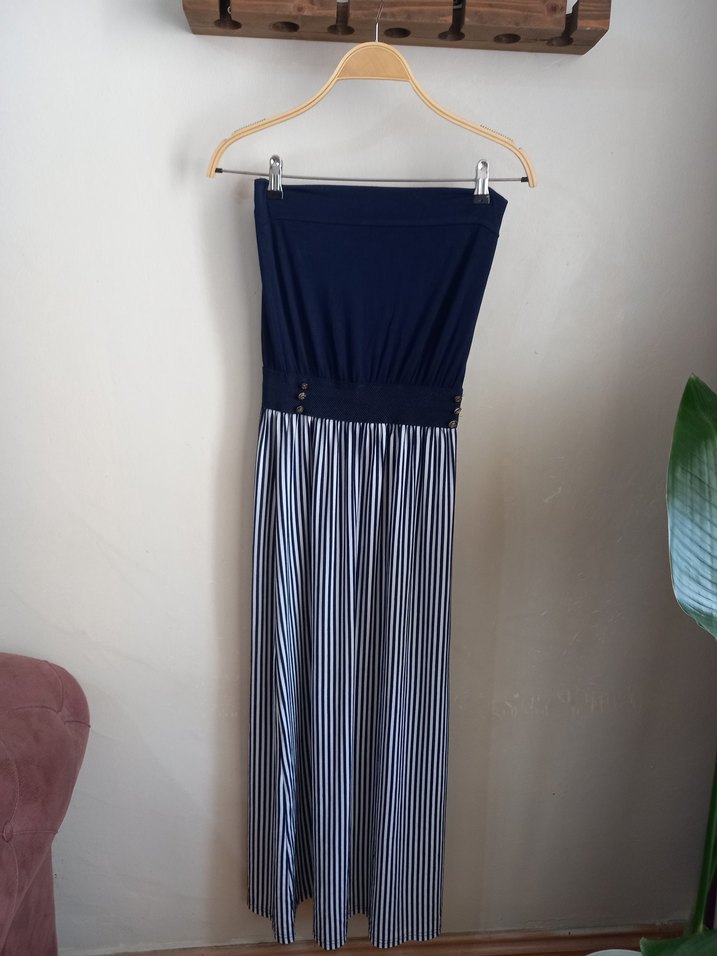Lacivert Çizgili Pileli Uzun elbise - Görsel 2