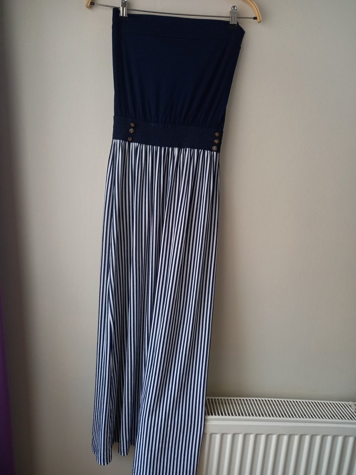 Lacivert Çizgili Pileli Uzun elbise - Görsel 4