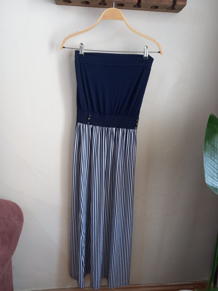 Lacivert Çizgili Pileli Uzun elbise - Görsel 3