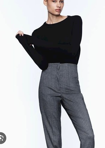 Gri Çizgili Normal Paça Kadın Kumaş Pantolon - Görsel 2
