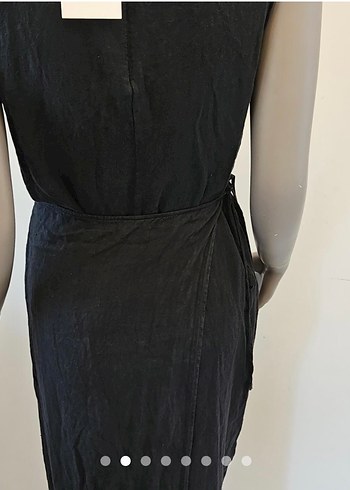 Siyah Keten V Yaka Uzun Elbise - Görsel 2