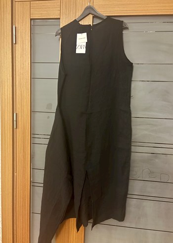 Siyah Keten V Yaka Uzun Elbise - Görsel 5