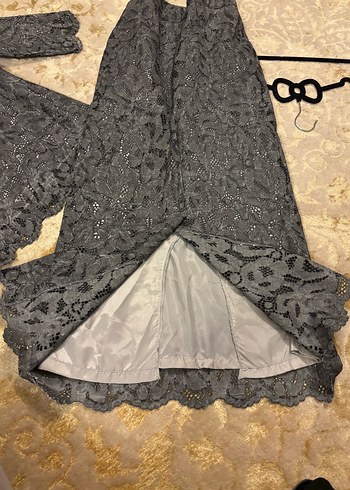 Gri Dantel yarım  Kollu etek bluz takım - Görsel 4