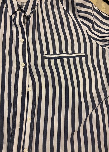 Lacivert beyaz Çizgili Kadın  Gömlek - Görsel 6
